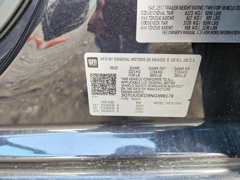 2022 Gmc Sierra მანქანა იყიდება აუქციონზე, vin: 3GTUUDED9NG598178, აუქციონის ნომერი: 56882256