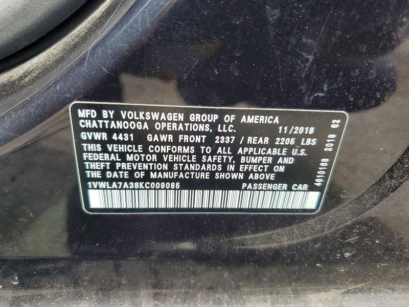 59087586 :رقم المزاد ، 1VWLA7A38KC009085 vin ، 2019 Volkswagen Passat مزاد بيع