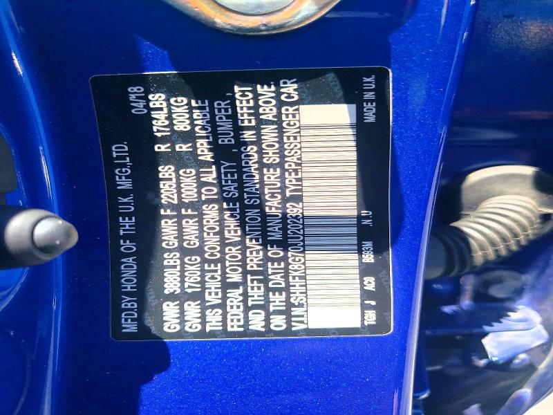 58300726 :رقم المزاد ، SHHFK8G70JU202392 vin ، 2018 Honda Civic مزاد بيع