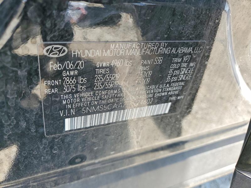 2020 Hyundai Santa Fe მანქანა იყიდება აუქციონზე, vin: 5NMS5CAA7LH224602, აუქციონის ნომერი: 56783206