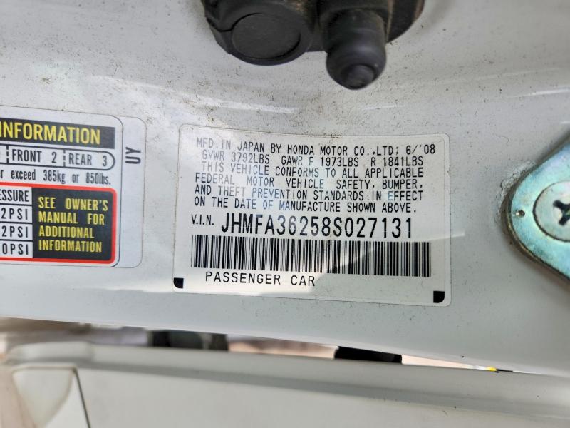 56617116 :رقم المزاد ، JHMFA36258S027131 vin ، 2008 Honda Civic مزاد بيع