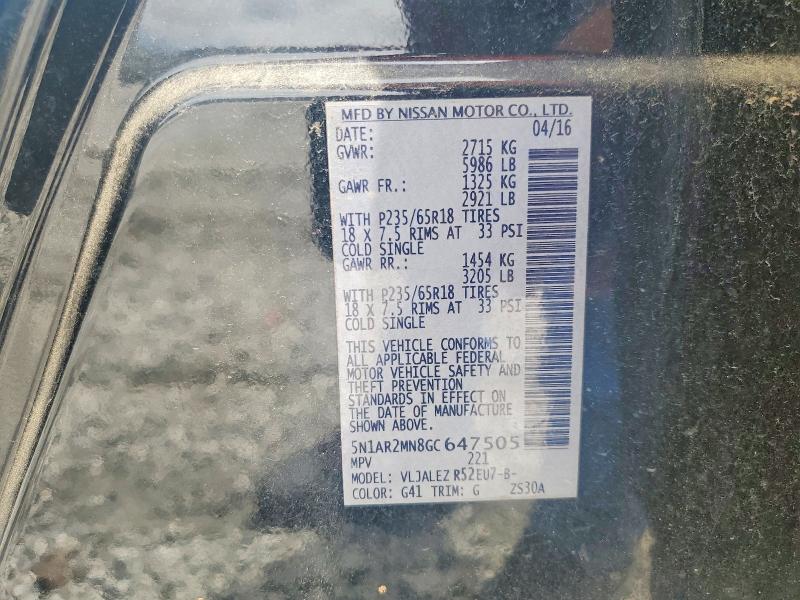 57936076 :رقم المزاد ، 5N1AR2MN8GC647505 vin ، 2016 Nissan Pathfinder مزاد بيع