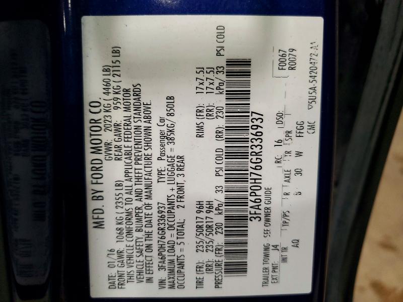 2016 Ford Fusion მანქანა იყიდება აუქციონზე, vin: 3FA6P0H76GR336937, აუქციონის ნომერი: 58375166