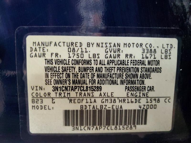 56070976 :رقم المزاد ، 3N1CN7AP7CL815289 vin ، 2012 Nissan Versa مزاد بيع
