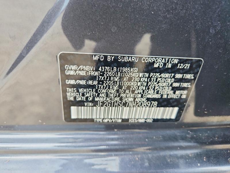 59053726 :رقم المزاد ، JF2GTHSC7NH208978 vin ، 2022 Subaru Crosstrek مزاد بيع