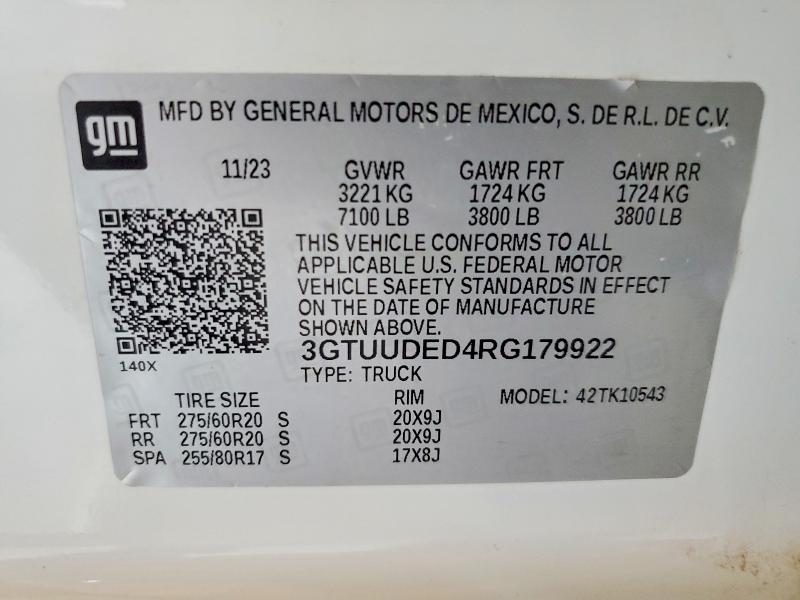 2024 Gmc Sierra მანქანა იყიდება აუქციონზე, vin: 3GTUUDED4RG179922, აუქციონის ნომერი: 58089866