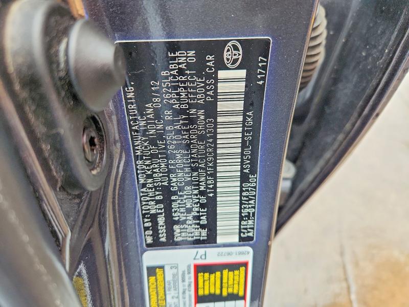 2012 Toyota Camry მანქანა იყიდება აუქციონზე, vin: 4T4BF1FK9CR241303, აუქციონის ნომერი: 58240516
