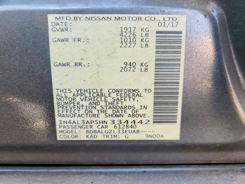 2017 Nissan Altima მანქანა იყიდება აუქციონზე, vin: 1N4AL3AP5HN334442, აუქციონის ნომერი: 56357856