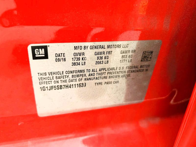 2017 Chevrolet Sonic მანქანა იყიდება აუქციონზე, vin: 1G1JF5SB7H4111639, აუქციონის ნომერი: 57546566
