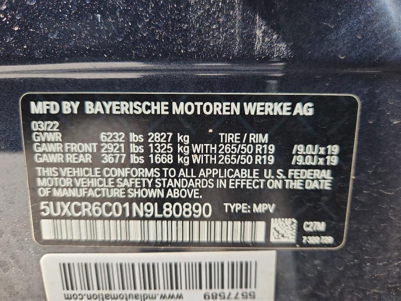 2022 Bmw X5 მანქანა იყიდება აუქციონზე, vin: 5UXCR6C01N9L80890, აუქციონის ნომერი: 58025716
