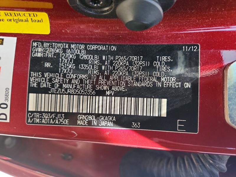 2013 Toyota 4runner მანქანა იყიდება აუქციონზე, vin: JTEZU5JR8D5052356, აუქციონის ნომერი: 58934766