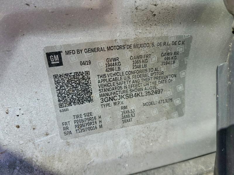 2019 Chevrolet Trax მანქანა იყიდება აუქციონზე, vin: 3GNCJKSB4KL352497, აუქციონის ნომერი: 57175666