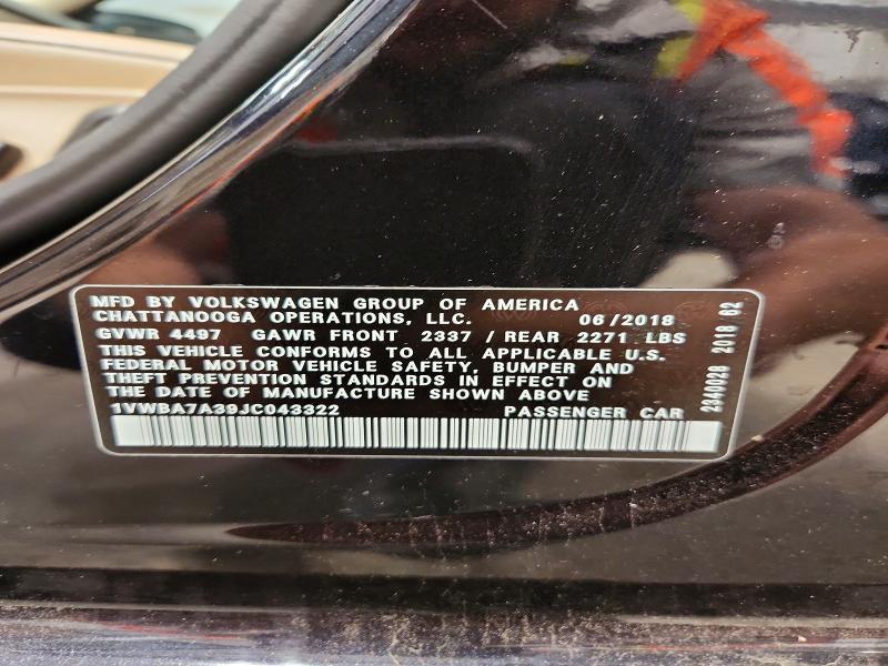 Aukcja sprzedaży 2018 Volkswagen Passat, vin: 1VWBA7A39JC043322, numer aukcji: 58708296