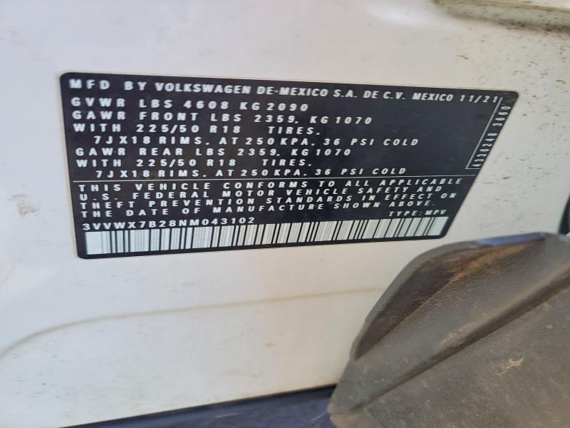 58123926 :رقم المزاد ، 3VVWX7B28NM043102 vin ، 2022 Volkswagen Taos مزاد بيع