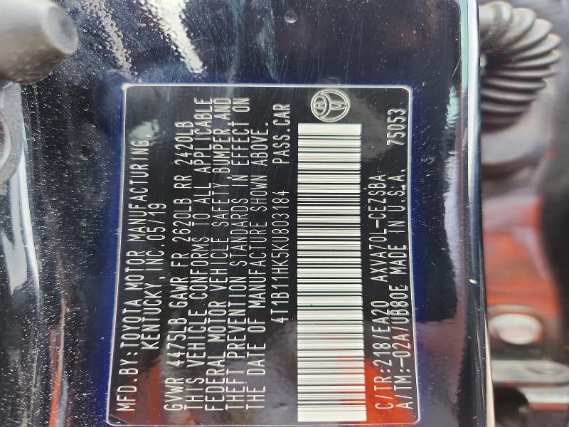 2019 Toyota Camry მანქანა იყიდება აუქციონზე, vin: 4T1B11HK5KU803184, აუქციონის ნომერი: 54925266