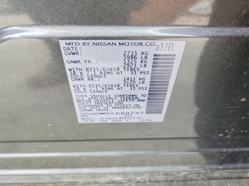 58291996 :رقم المزاد ، 5N1AR2MM3FC689747 vin ، 2015 Nissan Pathfinder مزاد بيع