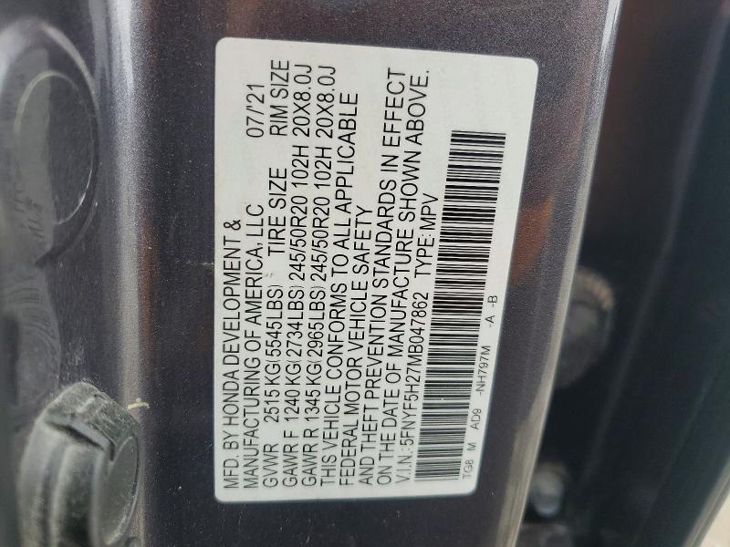 Продажа на аукционе авто 2021 Honda Pilot, vin: 5FNYF5H27MB047862, номер лота: 57898146