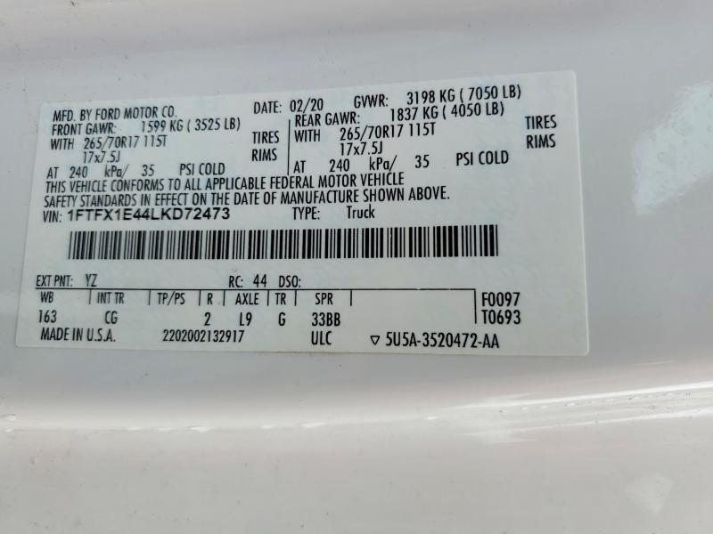 Aukcja sprzedaży 2020 Ford F150, vin: 1FTFX1E44LKD72473, numer aukcji: 58278436