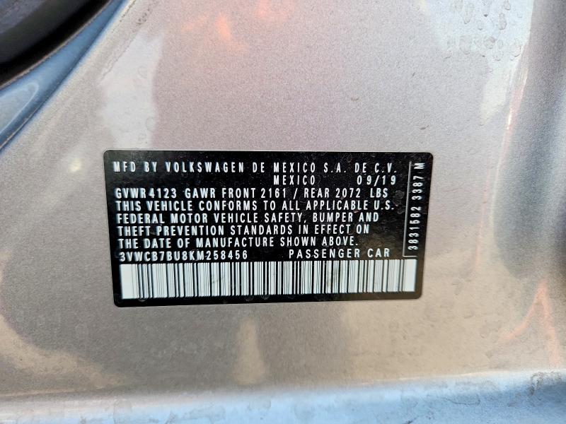 2019 Volkswagen Jetta მანქანა იყიდება აუქციონზე, vin: 3VWCB7BU8KM258456, აუქციონის ნომერი: 57077846