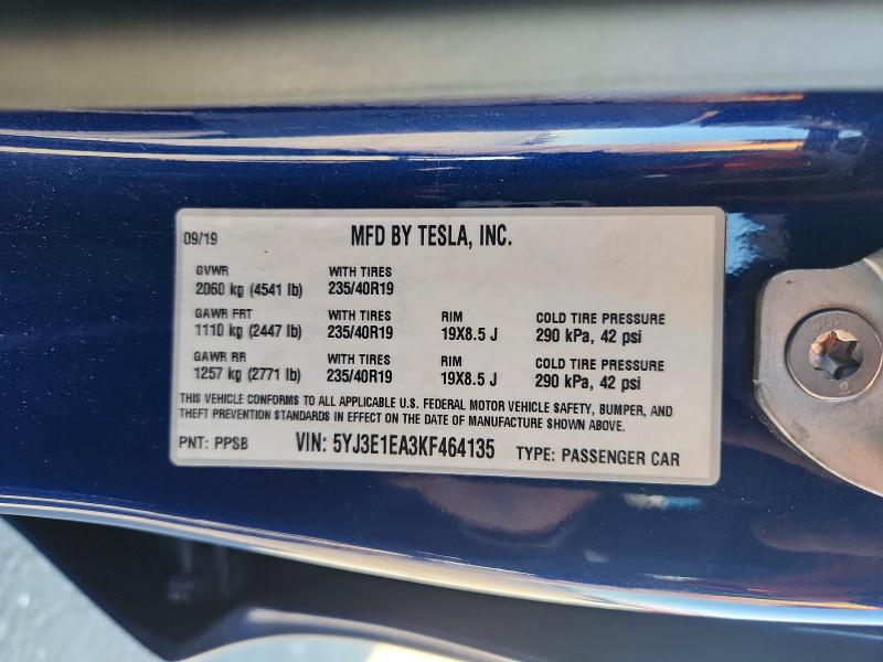 Продаж на аукціоні авто 2019 Tesla Model 3, vin: 5YJ3E1EA3KF464135, номер лоту: 56421206