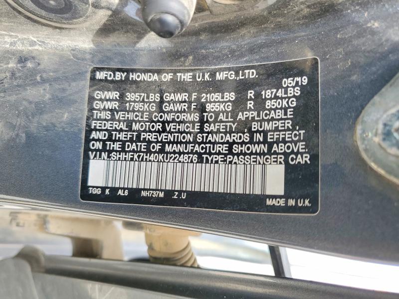 55298936 :رقم المزاد ، SHHFK7H40KU224876 vin ، 2019 Honda Civic مزاد بيع