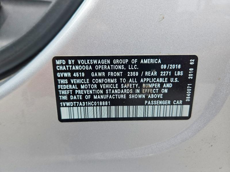 Aukcja sprzedaży 2017 Volkswagen Passat, vin: 1VWDT7A31HC018881, numer aukcji: 58485116