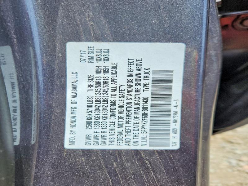 2017 Honda Ridgeline მანქანა იყიდება აუქციონზე, vin: 5FPYK2F60HB011430, აუქციონის ნომერი: 55467896
