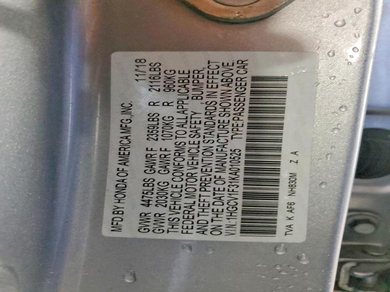 Aukcja sprzedaży 2019 Honda Accord, vin: 1HGCV1F31KA010525, numer aukcji: 57152946