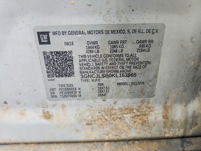 2019 Chevrolet Trax მანქანა იყიდება აუქციონზე, vin: 3GNCJLSB0KL163965, აუქციონის ნომერი: 57043256