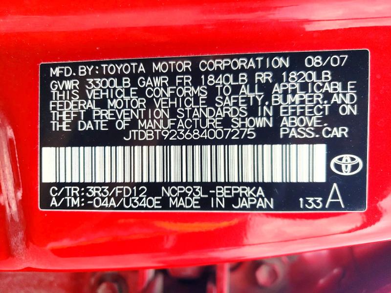 55676446 :رقم المزاد ، JTDBT923684007275 vin ، 2008 Toyota Yaris مزاد بيع