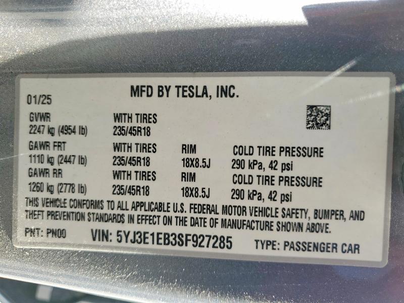 Aukcja sprzedaży 2025 Tesla Model 3, vin: 5YJ3E1EB3SF927285, numer aukcji: 56467956