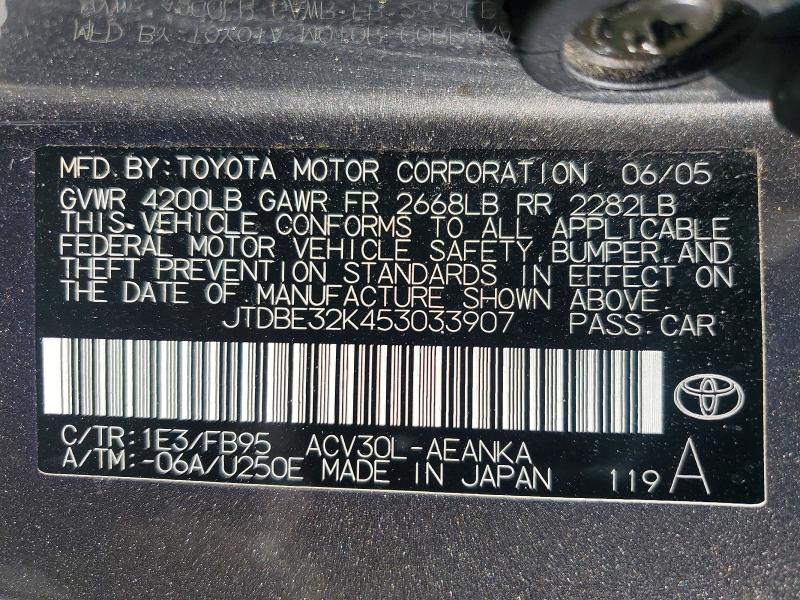 2005 Toyota Camry მანქანა იყიდება აუქციონზე, vin: JTDBE32K453033907, აუქციონის ნომერი: 58332306