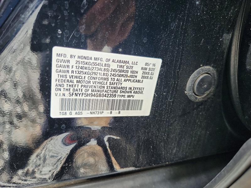 56626086 :رقم المزاد ، 5FNYF5H94GB042359 vin ، 2016 Honda Pilot مزاد بيع