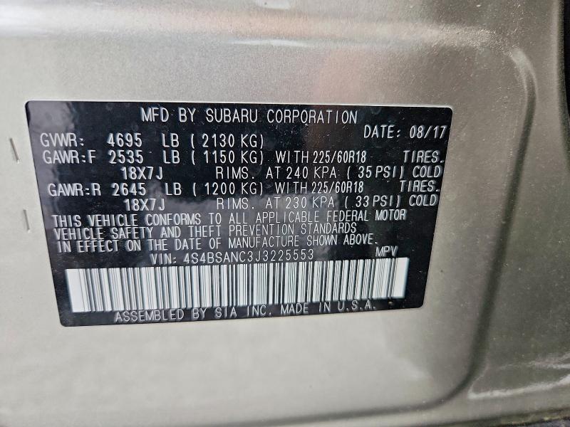 2018 Subaru Outback მანქანა იყიდება აუქციონზე, vin: 4S4BSANC3J3225553, აუქციონის ნომერი: 55497686