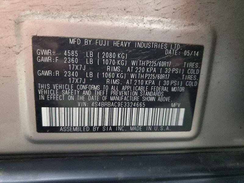 Продажа на аукционе авто 2014 Subaru Outback, vin: 4S4BRBAC9E3324665, номер лота: 58476916