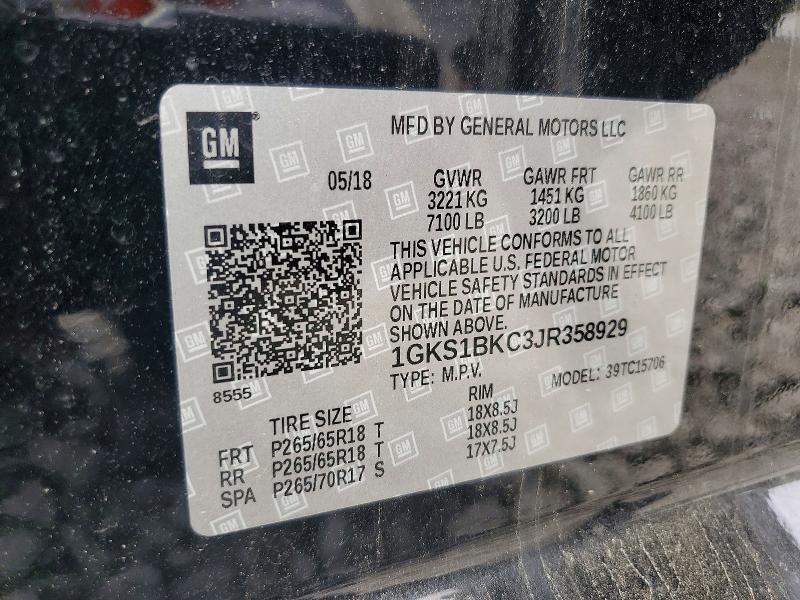 2018 Gmc Yukon მანქანა იყიდება აუქციონზე, vin: 1GKS1BKC3JR358929, აუქციონის ნომერი: 58922406