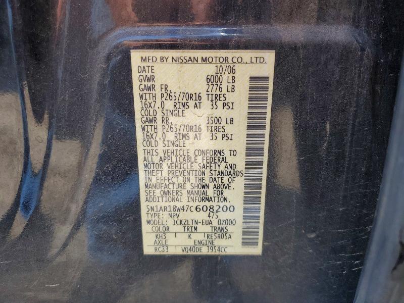 2007 Nissan Pathfinder მანქანა იყიდება აუქციონზე, vin: 5N1AR18W47C608200, აუქციონის ნომერი: 56548066