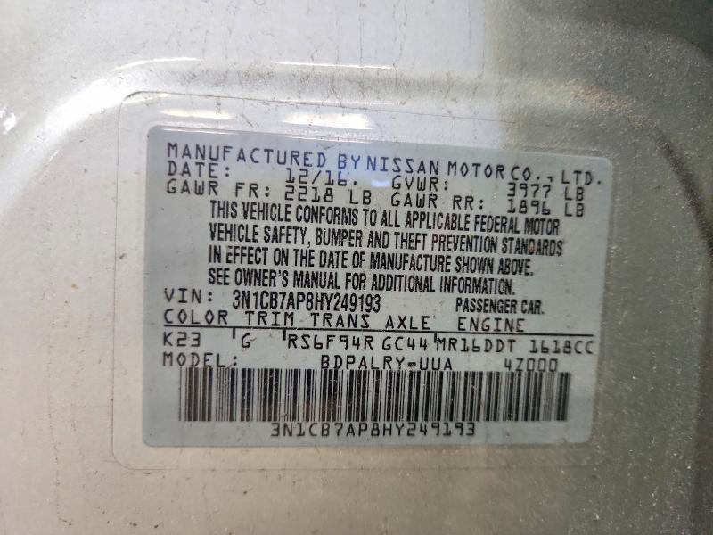 Aukcja sprzedaży 2017 Nissan Sentra, vin: 3N1CB7AP8HY249193, numer aukcji: 56045266