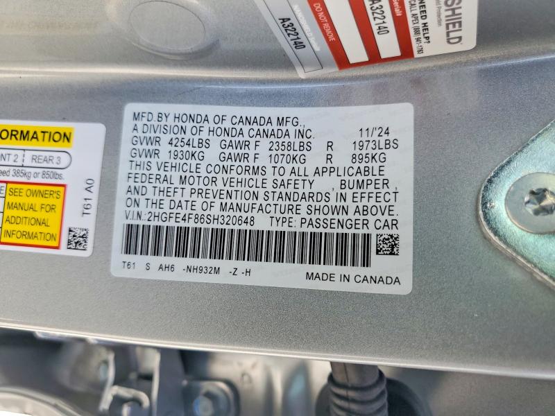 2025 Honda Civic მანქანა იყიდება აუქციონზე, vin: 2HGFE4F86SH320648, აუქციონის ნომერი: 55588466