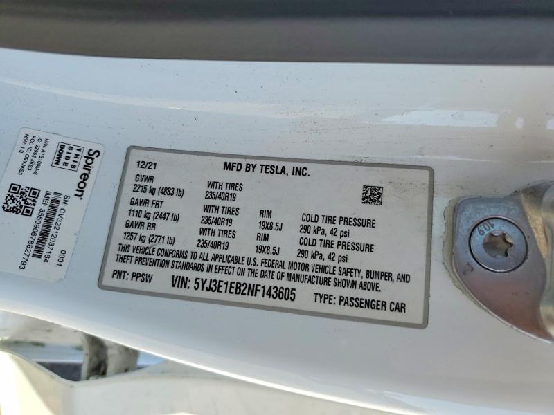 55693116 :رقم المزاد ، 5YJ3E1EB2NF143605 vin ، 2022 Tesla Model 3 مزاد بيع