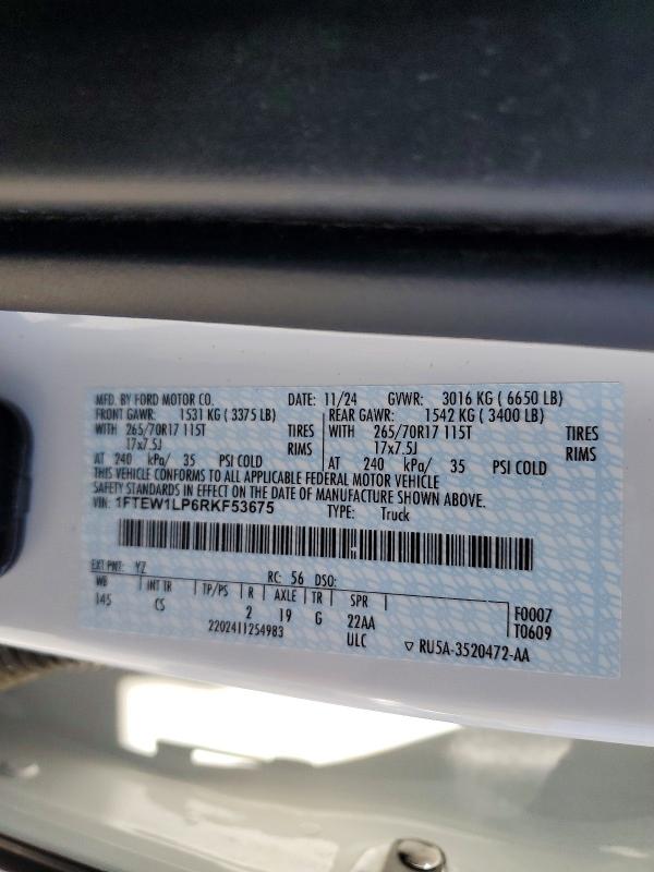 Aukcja sprzedaży 2024 Ford F150, vin: 1FTEW1LP6RKF53675, numer aukcji: 54020866