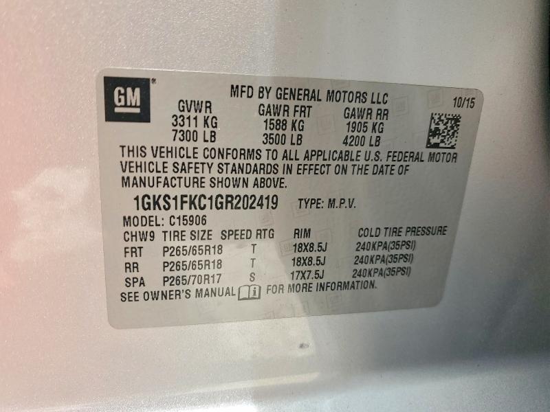2016 Gmc Yukon Xl მანქანა იყიდება აუქციონზე, vin: 1GKS1FKC1GR202419, აუქციონის ნომერი: 59066026