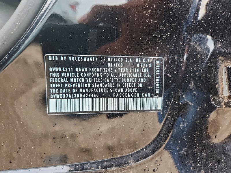 2013 Volkswagen Jetta მანქანა იყიდება აუქციონზე, vin: 3VWDX7AJ3DM428450, აუქციონის ნომერი: 55796326
