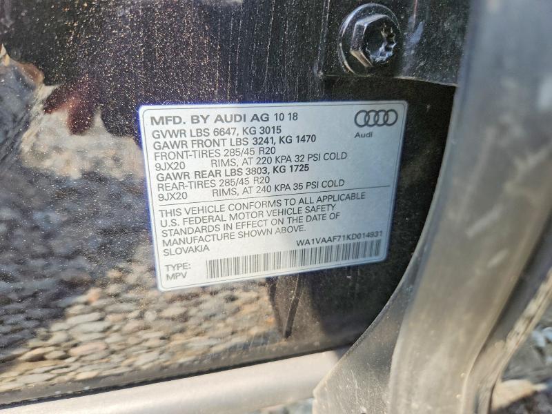 58496766 :رقم المزاد ، WA1VAAF71KD014931 vin ، 2019 Audi Q7 مزاد بيع