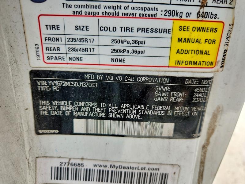 58292346 :رقم المزاد ، YV1672MC5DJ137063 vin ، 2013 Volvo C70 مزاد بيع