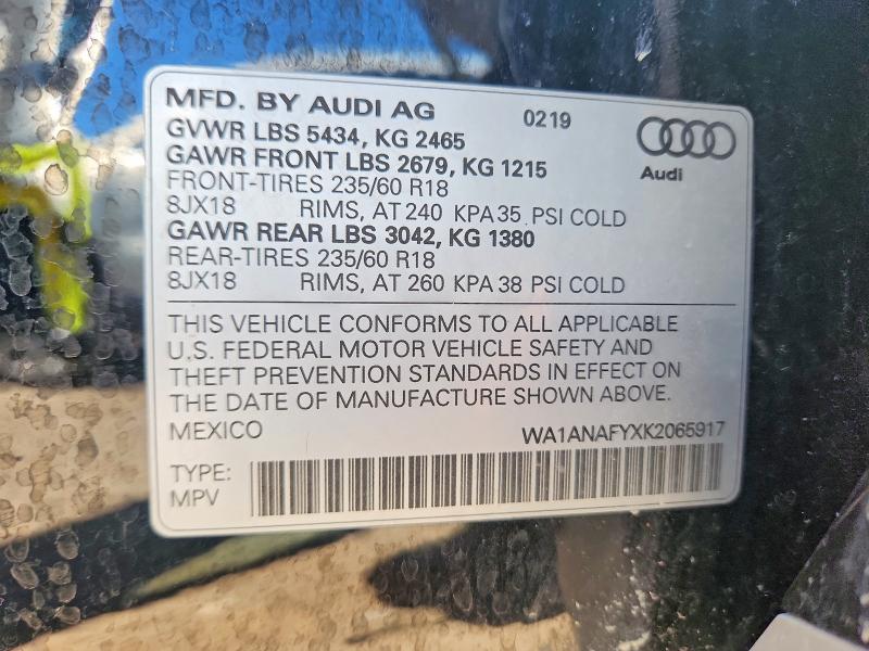 Продаж на аукціоні авто 2019 Audi Q5, vin: WA1ANAFYXK2065917, номер лоту: 58650596