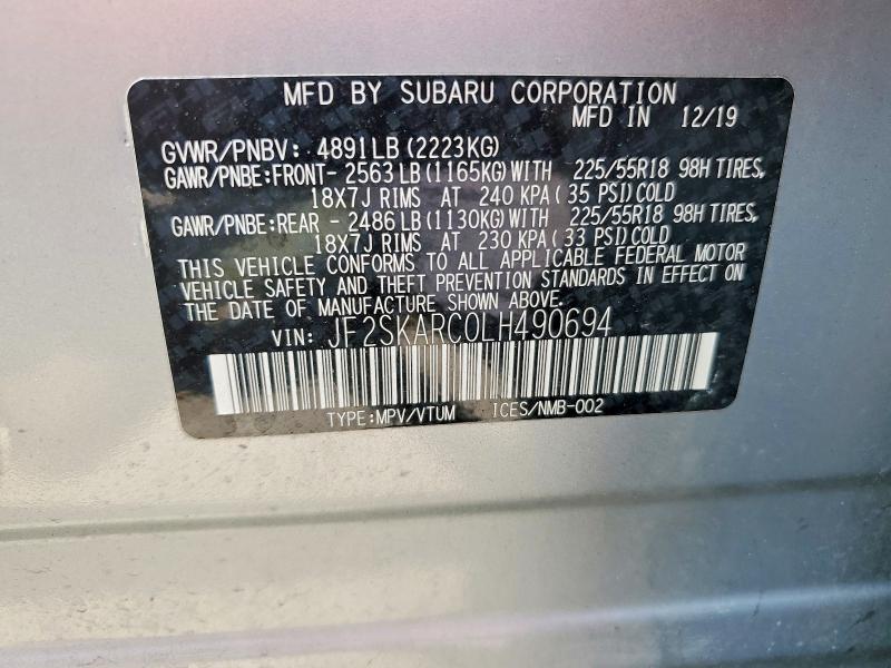 59108596 :رقم المزاد ، JF2SKARC0LH490694 vin ، 2020 Subaru Forester مزاد بيع
