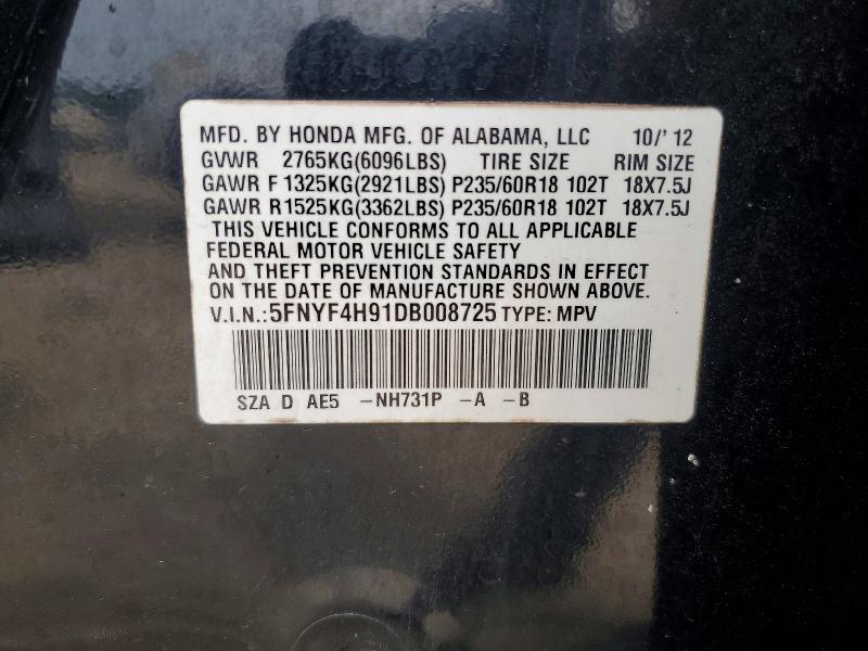 Продаж на аукціоні авто 2013 Honda Pilot, vin: 5FNYF4H91DB008725, номер лоту: 56951516