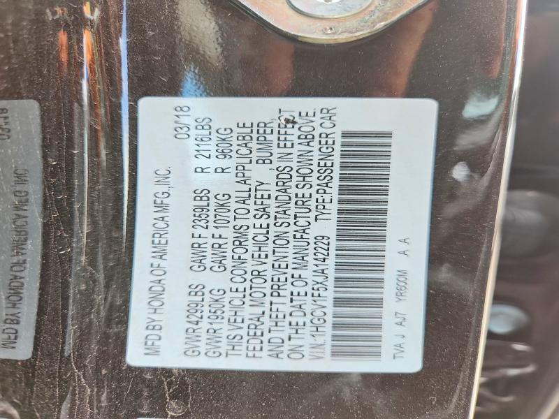 Aukcja sprzedaży 2018 Honda Accord, vin: 1HGCV1F5XJA142229, numer aukcji: 59383026
