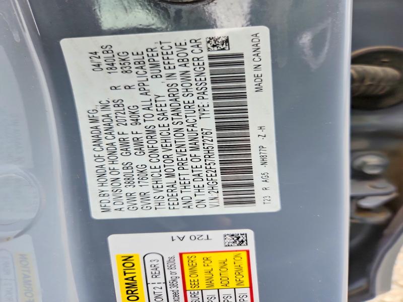 2024 Honda Civic მანქანა იყიდება აუქციონზე, vin: 2HGFE2F57RH572767, აუქციონის ნომერი: 56351866